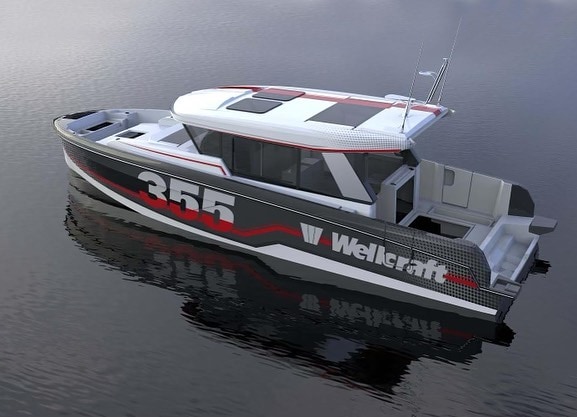 Wrapped performance boat at marina